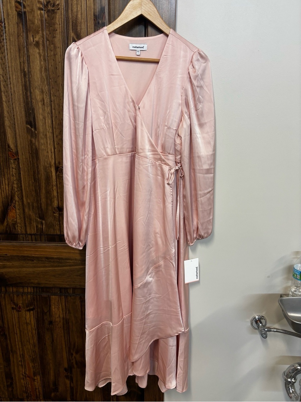 Motherhood Blush Pink Satin Wrap Midi Dress